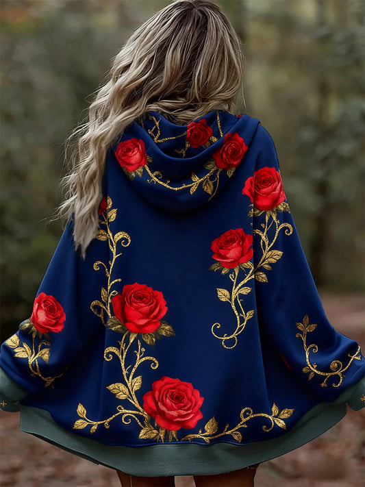 Damska wygodna bluza z kapturem w stylu vintage w kwiatowy wzór patchwork