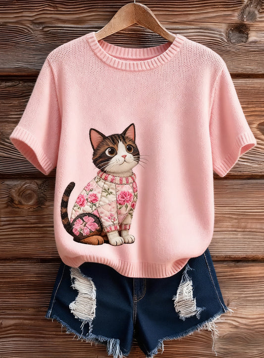 Damski artystyczny nadruk zwierzęcy wygodny top z dzianiny z krótkim rękawem