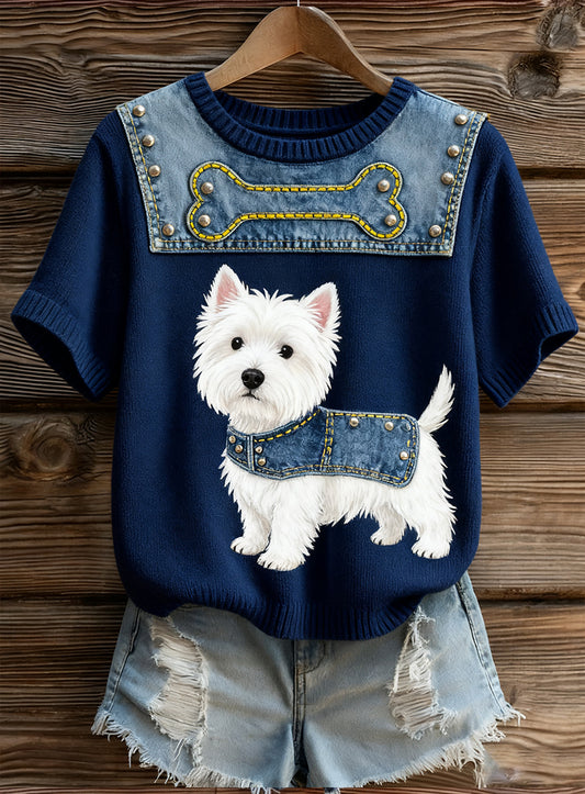 Damski artystyczny nadruk zwierzęcy wygodny top z dzianiny z krótkim rękawem