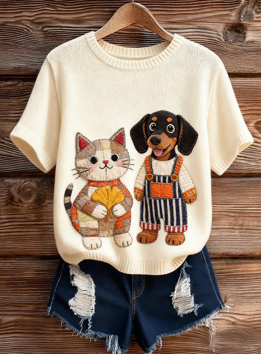 Damski artystyczny nadruk zwierzęcy wygodny top z dzianiny z krótkim rękawem