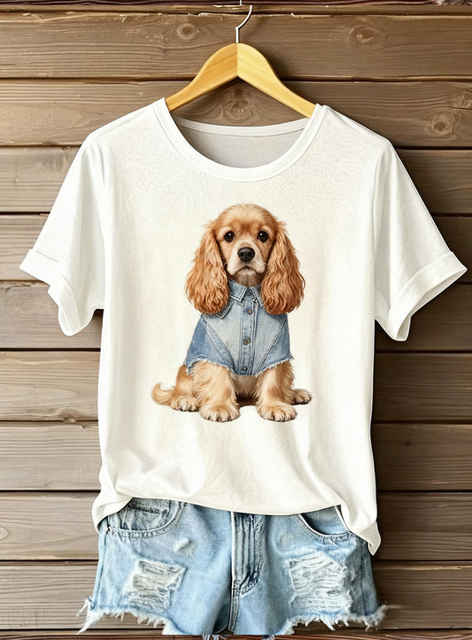 Damski artystyczny top z nadrukiem zwierzęcym Comfort z krótkim rękawem