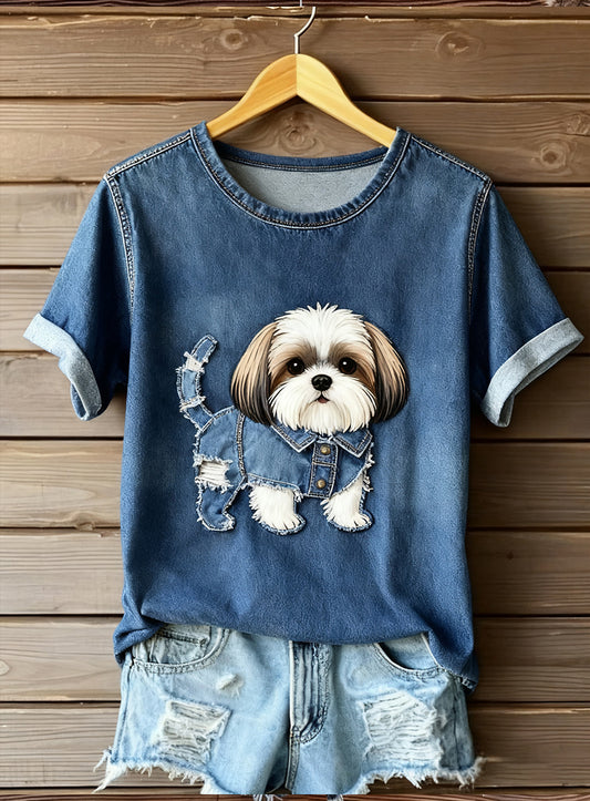 Damski artystyczny top z nadrukiem zwierzęcym Comfort z krótkim rękawem