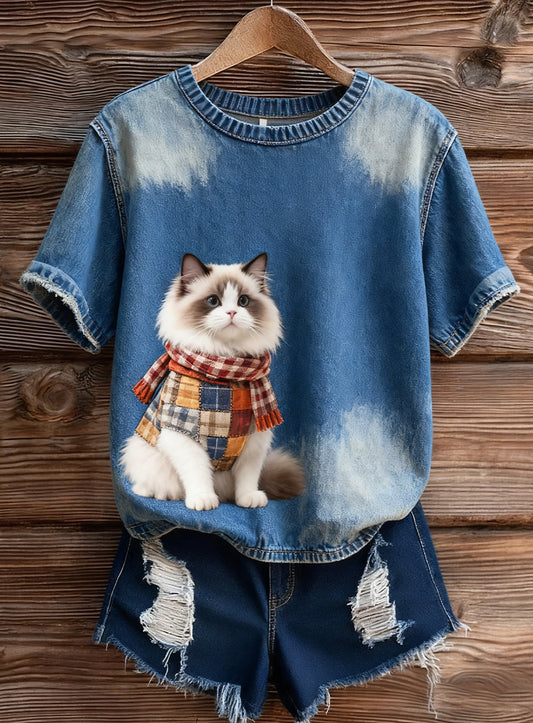 Damski artystyczny nadruk zwierzęcy wygodny top z dzianiny z krótkim rękawem