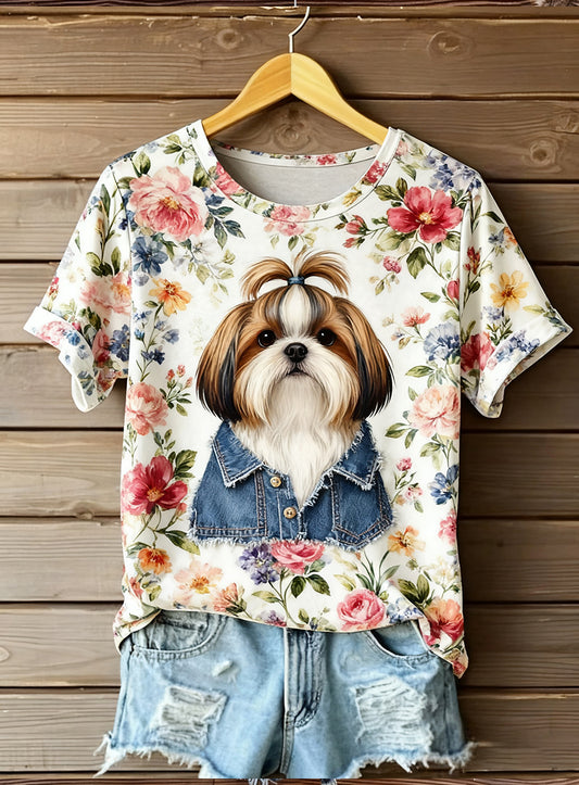 Damski artystyczny top z nadrukiem zwierzęcym Comfort z krótkim rękawem