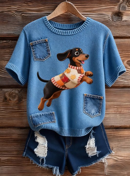 Damski artystyczny nadruk zwierzęcy wygodny top z dzianiny z krótkim rękawem