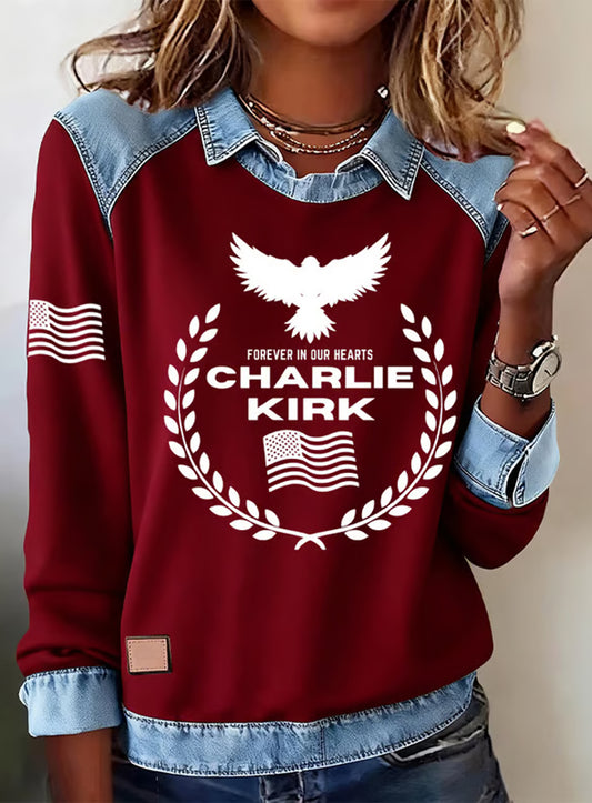 Damski top z długimi rękawami z nadrukiem z nadrukiem amerykańskiej flagi