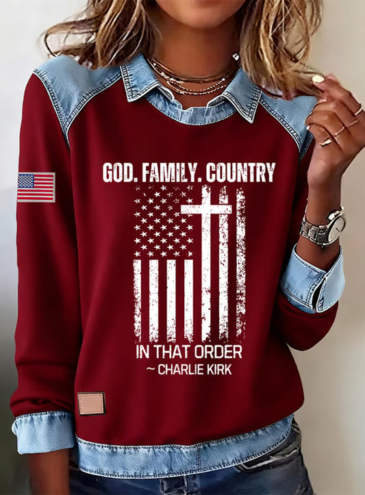 Damski top z długimi rękawami z nadrukiem z nadrukiem amerykańskiej flagi