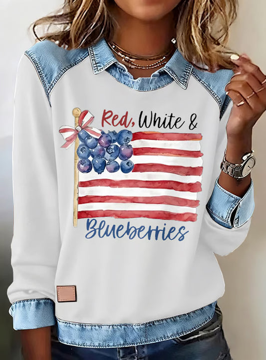 Damski top z długimi rękawami z nadrukiem z nadrukiem amerykańskiej flagi
