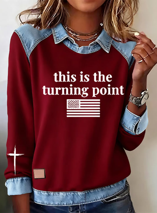 Damski top z długimi rękawami z nadrukiem z nadrukiem amerykańskiej flagi