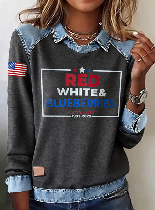 Damski top z długimi rękawami z nadrukiem z nadrukiem amerykańskiej flagi