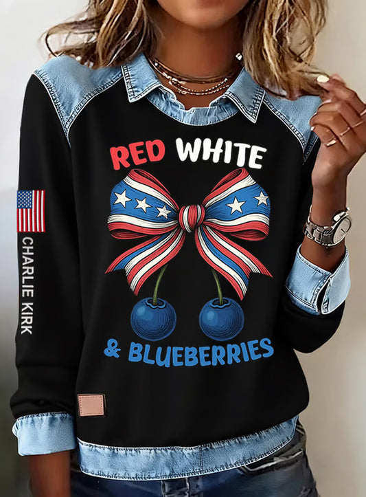 Damski top z długimi rękawami z nadrukiem z nadrukiem amerykańskiej flagi
