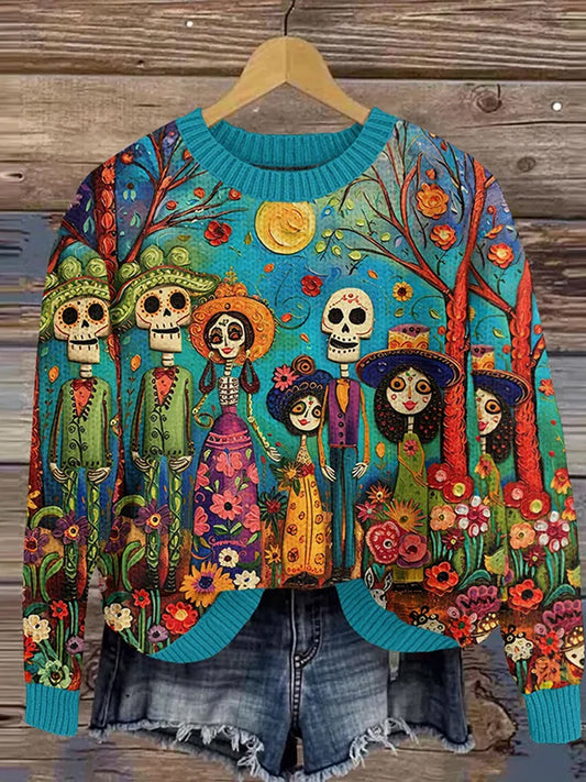 Vintage Mexican Day Of The Dead Art Print Casual I Wygodny Sweter