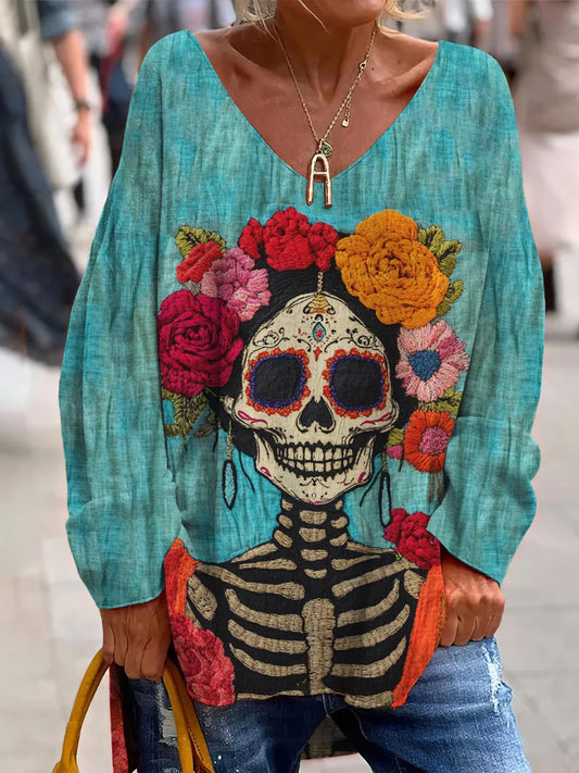 Vintage meksykański dzień zmarłych artystyczny nadruk z dekoltem w szpic