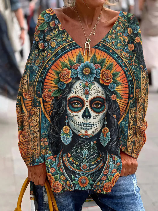 Vintage meksykański dzień zmarłych artystyczny nadruk z dekoltem w szpic