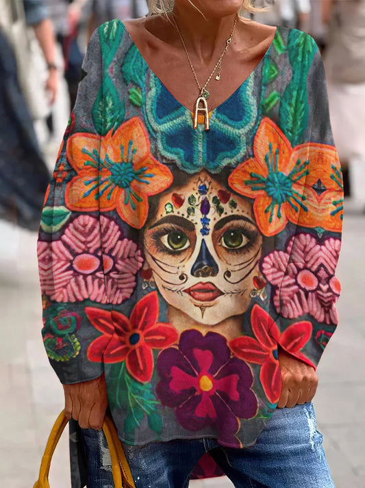 Vintage meksykański dzień zmarłych artystyczny nadruk z dekoltem w szpic
