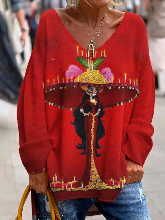 Vintage meksykański dzień zmarłych artystyczny nadruk z dekoltem w szpic