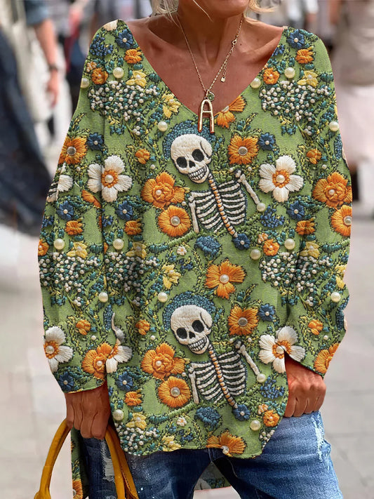 Vintage meksykański dzień zmarłych artystyczny nadruk z dekoltem w szpic