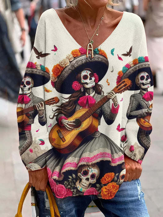 Vintage meksykański dzień zmarłych artystyczny nadruk z dekoltem w szpic