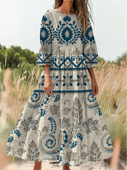 Retro Boho kwiatowy nadruk Vintage chic okrągły dekolt Bawełniana sukienka midi z długim rękawem