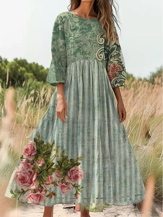 Retro Boho kwiatowy nadruk Vintage chic okrągły dekolt Bawełniana sukienka midi z długim rękawem