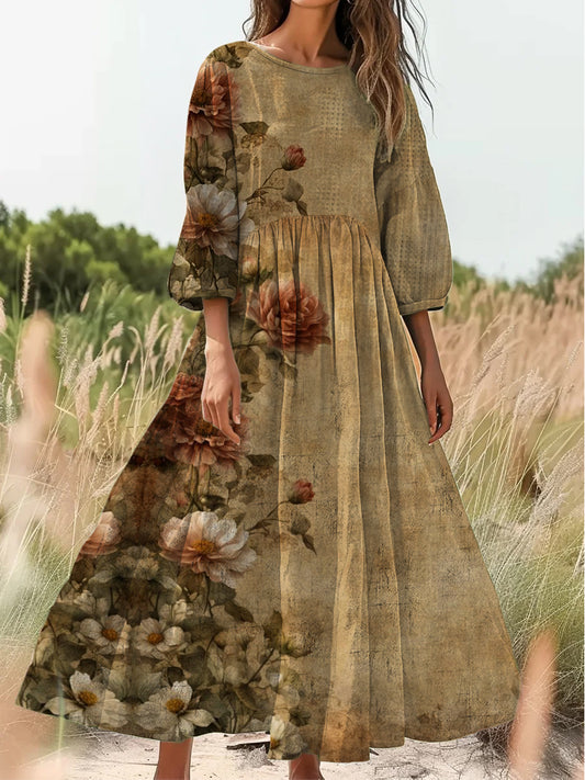 Retro Boho kwiatowy nadruk Vintage chic okrągły dekolt Bawełniana sukienka midi z długim rękawem