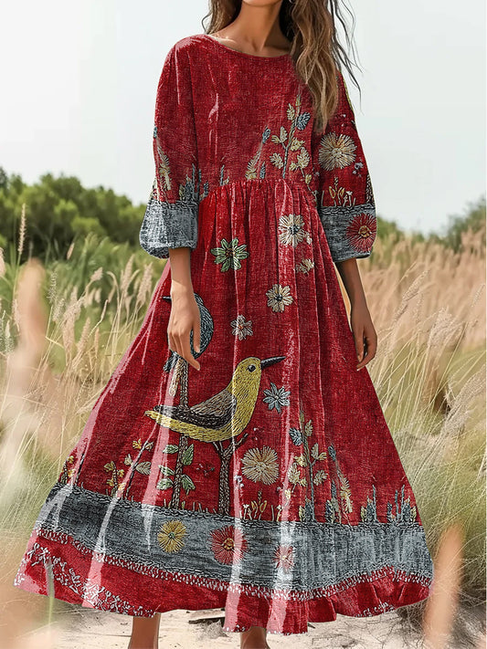 Retro Boho kwiatowy nadruk Vintage chic okrągły dekolt Bawełniana sukienka midi z długim rękawem