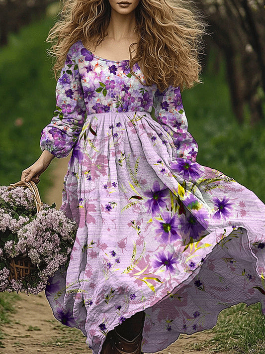 Retro boho kwiatowy nadruk w stylu vintage szyk z okrągłym dekoltem z długim rękawem midi