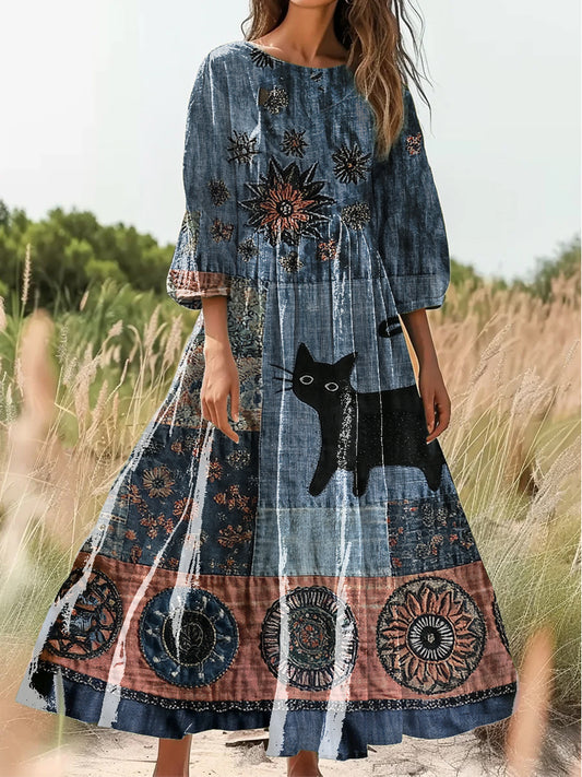 Retro Boho kwiatowy nadruk Vintage chic okrągły dekolt Bawełniana sukienka midi z długim rękawem
