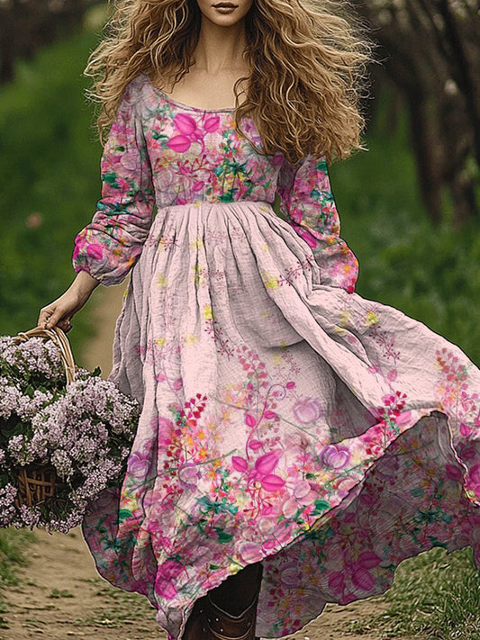 Retro boho kwiatowy nadruk w stylu vintage szyk z okrągłym dekoltem z długim rękawem midi