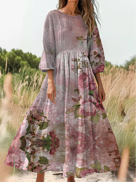 Retro Boho kwiatowy nadruk Vintage chic okrągły dekolt Bawełniana sukienka midi z długim rękawem