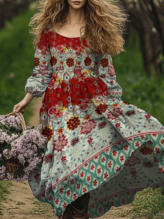 Retro boho kwiatowy nadruk w stylu vintage szyk z okrągłym dekoltem z długim rękawem midi