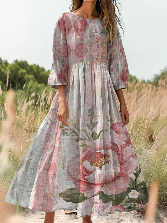 Retro Boho kwiatowy nadruk Vintage chic okrągły dekolt Bawełniana sukienka midi z długim rękawem