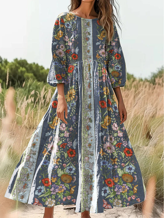 Retro Boho kwiatowy nadruk Vintage chic okrągły dekolt Bawełniana sukienka midi z długim rękawem