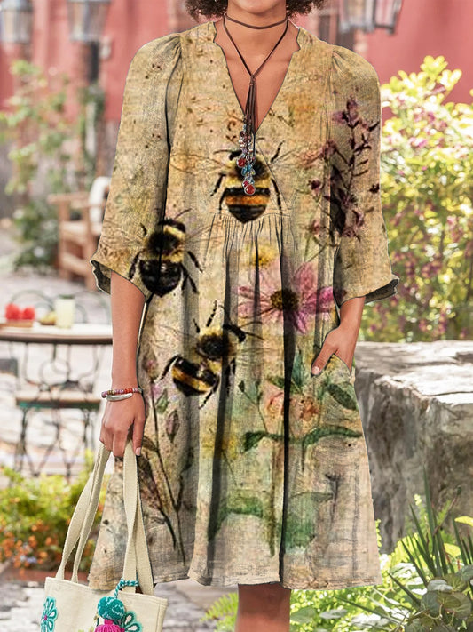 Retro Bee Boho Kwiatowy Nadruk Vintage Szyk V Bawełniany Długi Rękaw Midi Sukienka