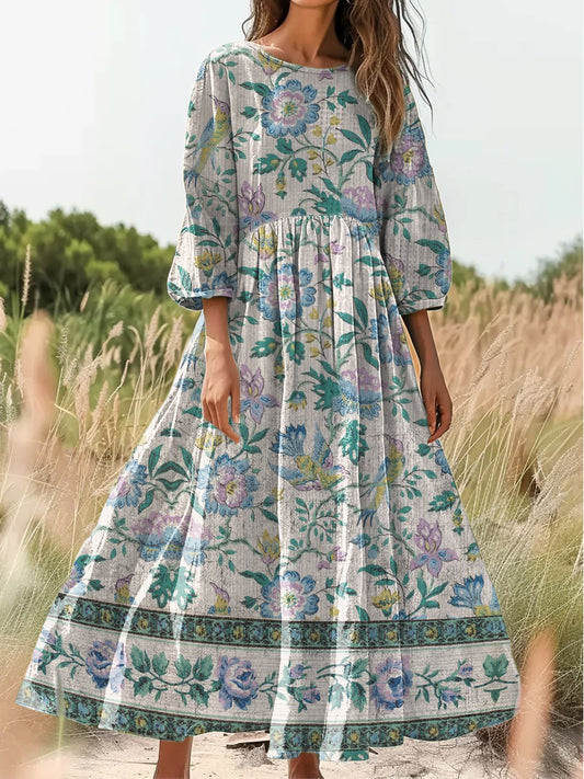 Retro Boho kwiatowy nadruk Vintage chic okrągły dekolt Bawełniana sukienka midi z długim rękawem