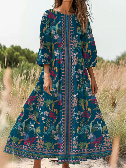 Retro Boho kwiatowy nadruk Vintage chic okrągły dekolt Bawełniana sukienka midi z długim rękawem