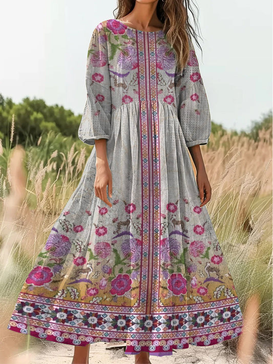 Retro Boho kwiatowy nadruk Vintage chic okrągły dekolt Bawełniana sukienka midi z długim rękawem