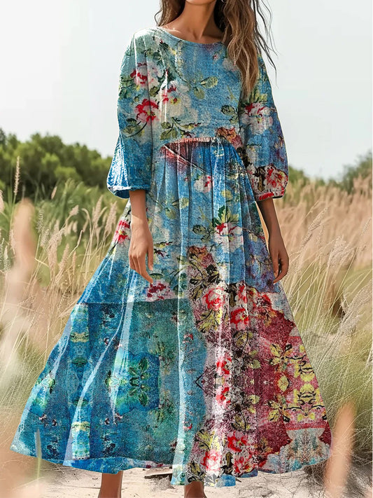 Retro Boho kwiatowy nadruk Vintage chic okrągły dekolt Bawełniana sukienka midi z długim rękawem
