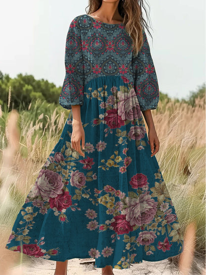 Retro Boho kwiatowy nadruk Vintage chic okrągły dekolt Bawełniana sukienka midi z długim rękawem