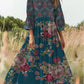 Retro Boho kwiatowy nadruk Vintage chic okrągły dekolt Bawełniana sukienka midi z długim rękawem