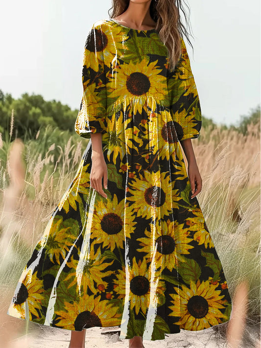 Retro Boho kwiatowy nadruk Vintage chic okrągły dekolt Bawełniana sukienka midi z długim rękawem