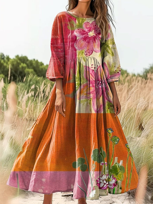 Retro Boho kwiatowy nadruk Vintage chic okrągły dekolt Bawełniana sukienka midi z długim rękawem