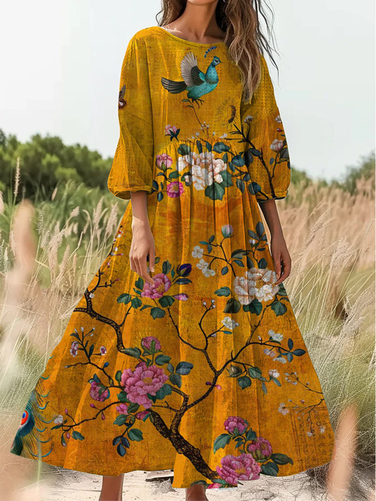 Retro Boho kwiatowy nadruk Vintage chic okrągły dekolt Bawełniana sukienka midi z długim rękawem