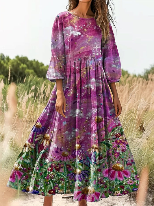 Retro Boho kwiatowy nadruk Vintage chic okrągły dekolt Bawełniana sukienka midi z długim rękawem