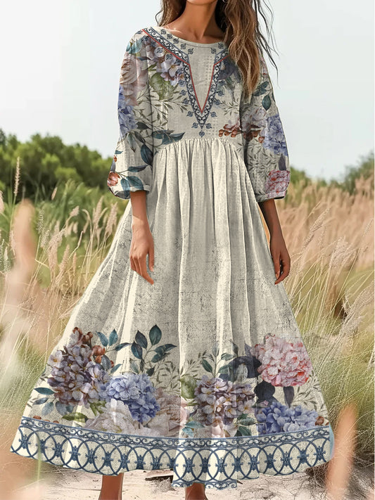Retro Boho kwiatowy nadruk Vintage chic okrągły dekolt Bawełniana sukienka midi z długim rękawem