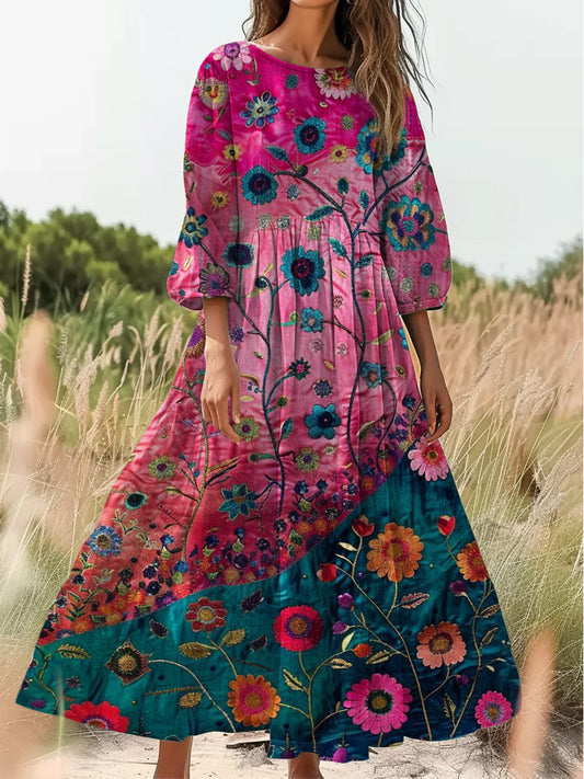 Retro Boho kwiatowy nadruk Vintage chic okrągły dekolt Bawełniana sukienka midi z długim rękawem