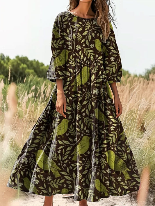 Retro Boho kwiatowy nadruk Vintage chic okrągły dekolt Bawełniana sukienka midi z długim rękawem