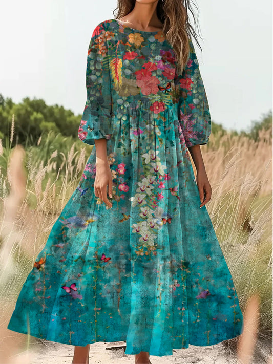 Retro Boho kwiatowy nadruk Vintage chic okrągły dekolt Bawełniana sukienka midi z długim rękawem
