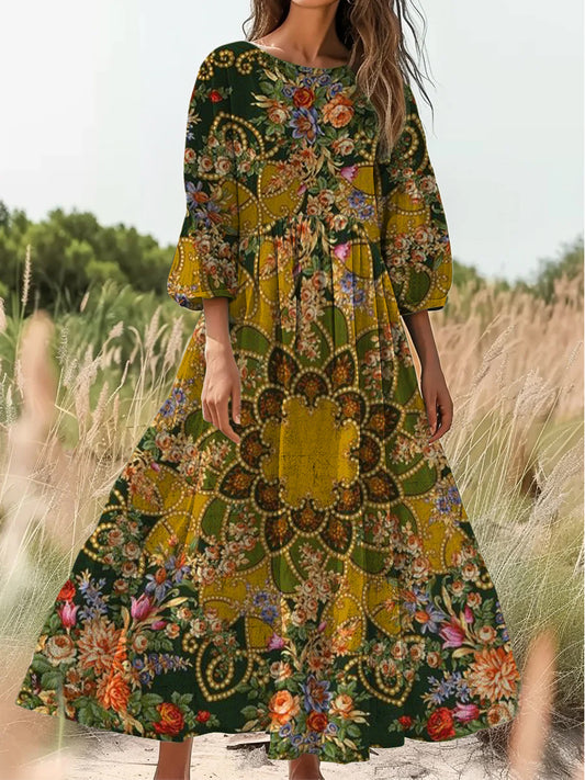 Retro Boho kwiatowy nadruk Vintage chic okrągły dekolt Bawełniana sukienka midi z długim rękawem