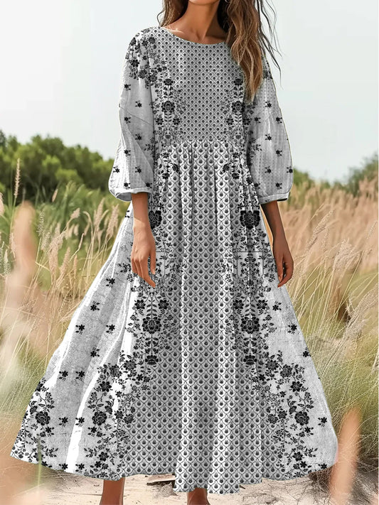 Retro Boho kwiatowy nadruk Vintage chic okrągły dekolt Bawełniana sukienka midi z długim rękawem